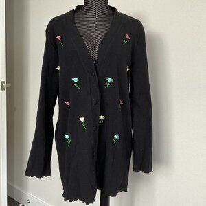 Y2K Escape Sport Button-Up Floral Cottage Core Cardigan Ruffle Trim Size L Black